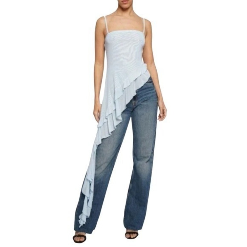 Know One Cares Womens Light Blue Asymmetrical Ruffle Mesh Cami Top Size M NEW
